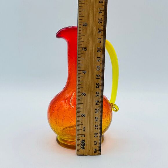 Orange Yellow Amber Crackle Glass Handled Small Pitcher Vase Partial Glow MCM - Picture 11 of 11